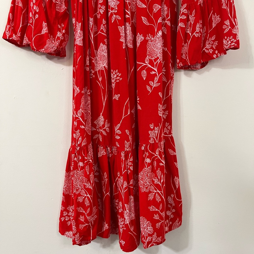 H&M Red White Floral Off The Shoulder Flounced Hem Summer Dress - Picture 3 of 9